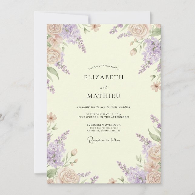 Invitation Mariage aux Pétales de Lavande Citron (Devant)