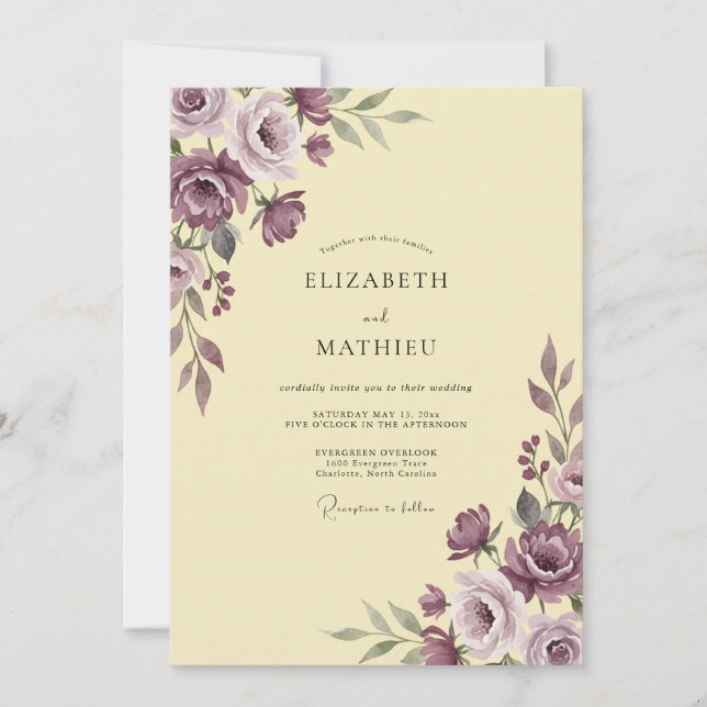 Invitation Mariage aux Pétales de Lavande Jaune Pâle (Devant)