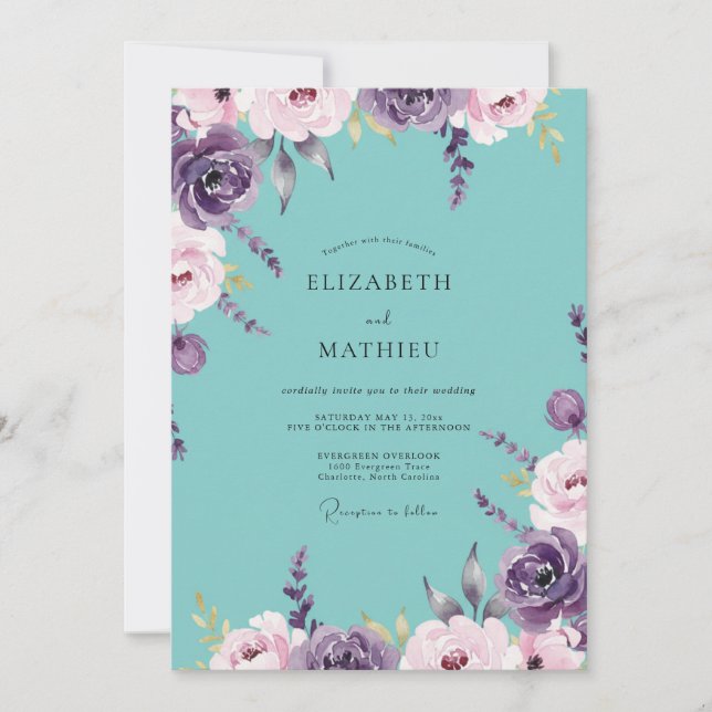 Invitation Mariage aux Pétales de Lavande Sarcelle (Devant)