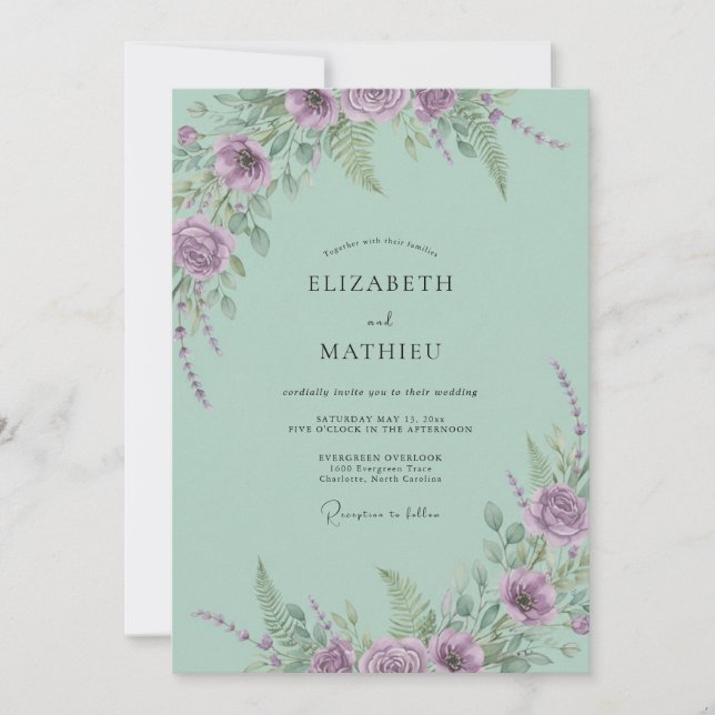 Invitation Mariage aux Pétales de Lilas Menthe (Devant)