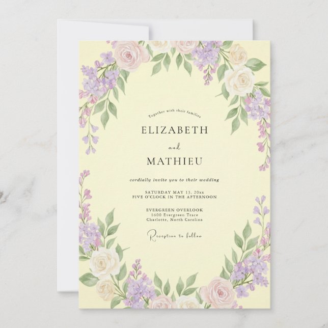 Invitation Mariage aux Pétales de Lilas Pâle Jaune (Devant)
