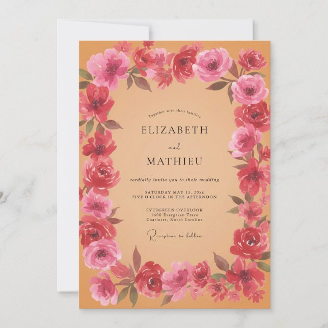 Invitation Mariage aux Pétales de Magenta et de Pêche (Devant)