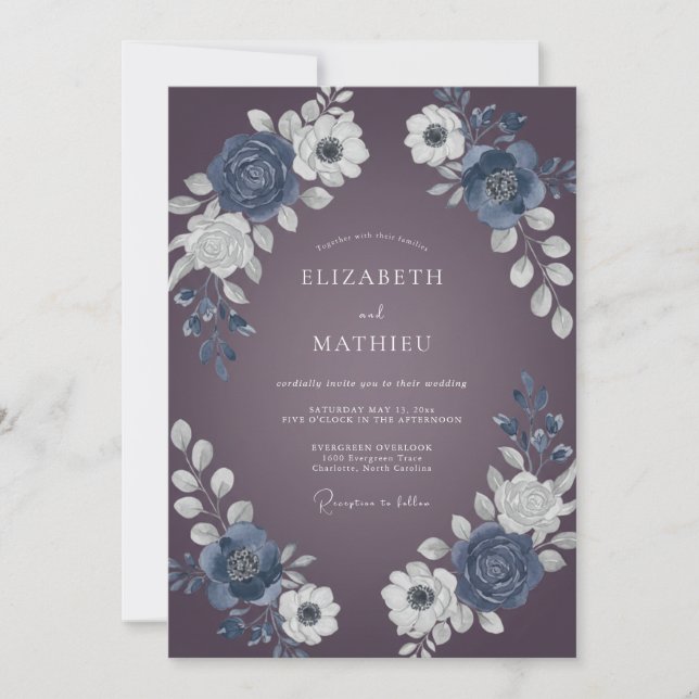 Invitation Mariage aux Pétales de Marne Ardoisée (Devant)