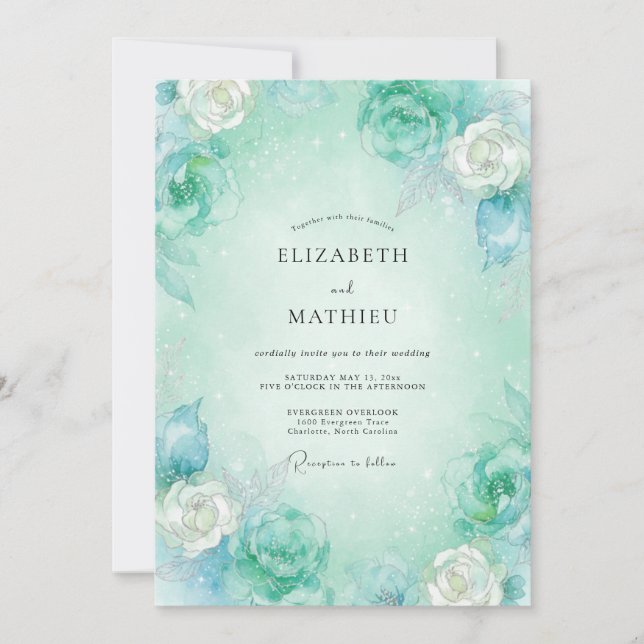 Invitation Mariage aux Pétales de Menthe Aqua (Devant)