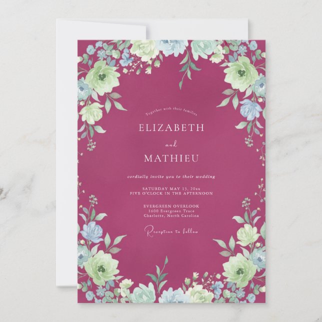 Invitation Mariage aux Pétales de Menthe Framboise (Devant)