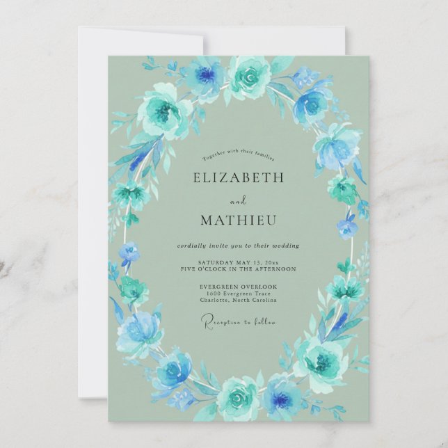 Invitation Mariage aux Pétales de Menthe Sarcelle (Devant)