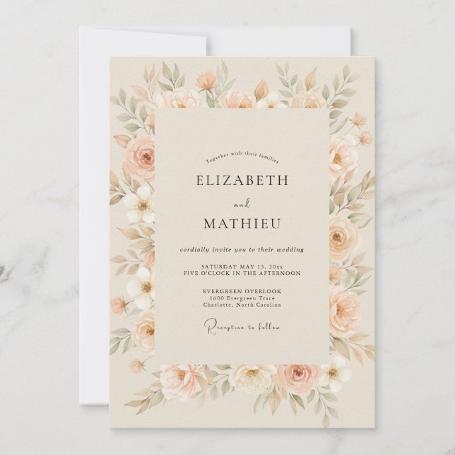 Invitation Mariage aux Pétales de Pêche Champagne Doré (Devant)