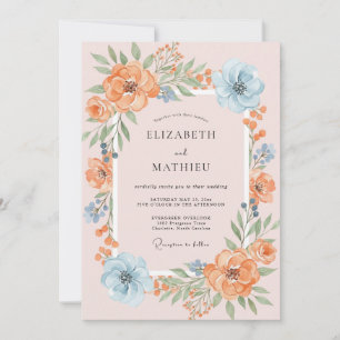 Invitation Mariage aux Pétales de Pêche et de Céruléen Peints