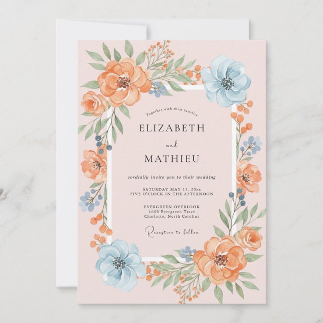 Invitation Mariage aux Pétales de Pêche et de Céruléen Peints (Devant)