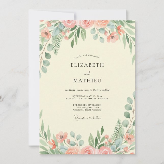 Invitation Mariage aux Pétales de Pêche et de Menthe (Devant)