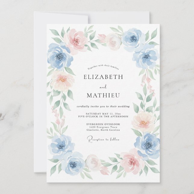 Invitation Mariage aux Pétales de Pêche et Pervenche (Devant)
