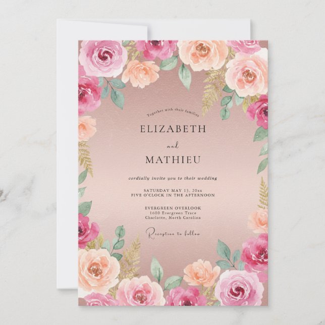 Invitation Mariage aux Pétales de pêche magenta (Devant)