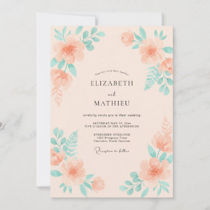 Invitation Mariage aux Pétales de Pêche Rose et Feuilles de M