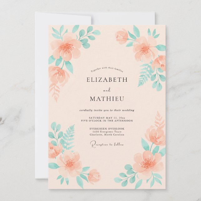 Invitation Mariage aux Pétales de Pêche Rose et Feuilles de M (Devant)