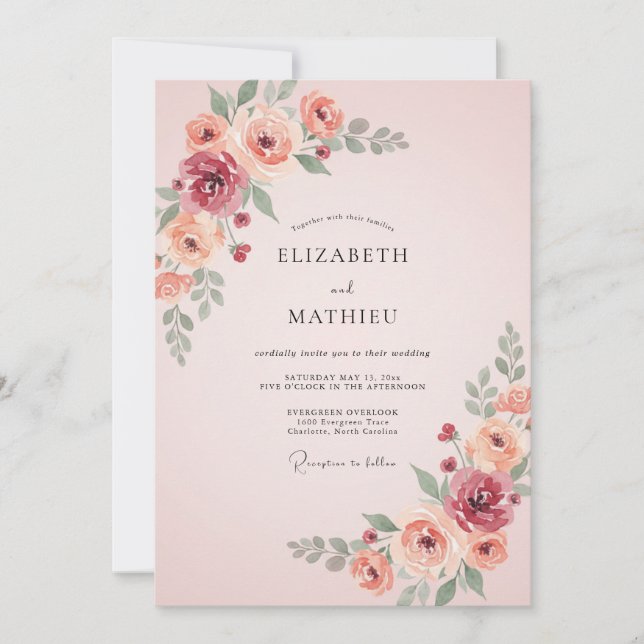 Invitation Mariage aux Pétales de Pêche Rose Poussiéreuse (Devant)