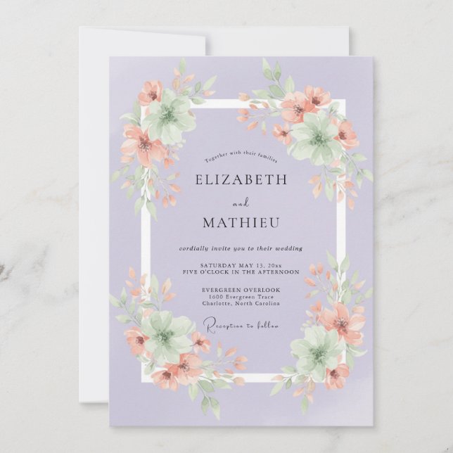 Invitation Mariage aux Pétales de Pervenche Chaudes de Pêche (Devant)