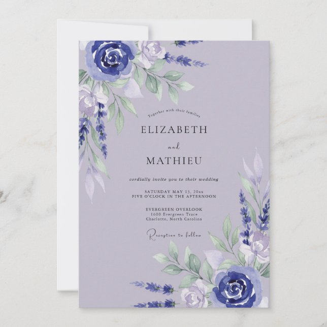 Invitation Mariage aux Pétales de Pervenche Lavande Pâle (Devant)