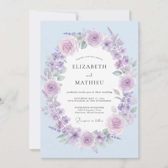 Invitation Mariage aux Pétales de Pervenche Lavande Subtile (Devant)