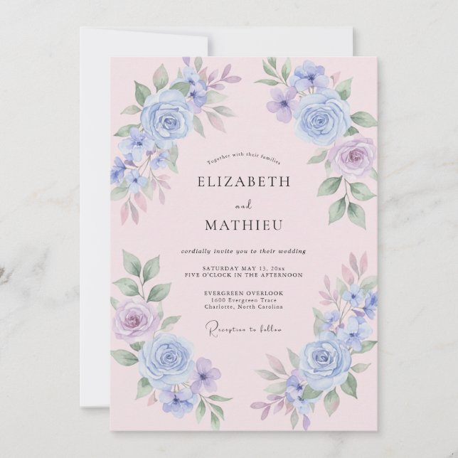 Invitation Mariage aux Pétales de Pervenche Rose Pâle (Devant)