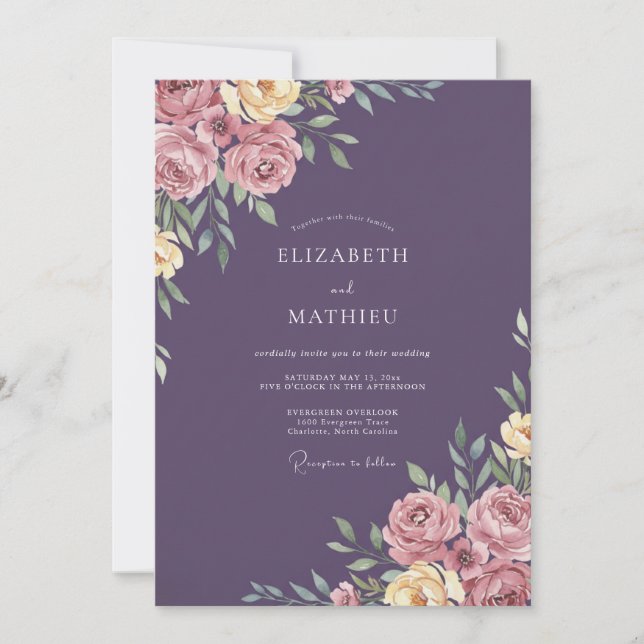 Invitation Mariage aux Pétales de Pourpre Profond (Devant)
