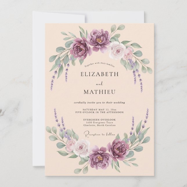 Invitation Mariage aux Pétales de Prune et de Pêche (Devant)