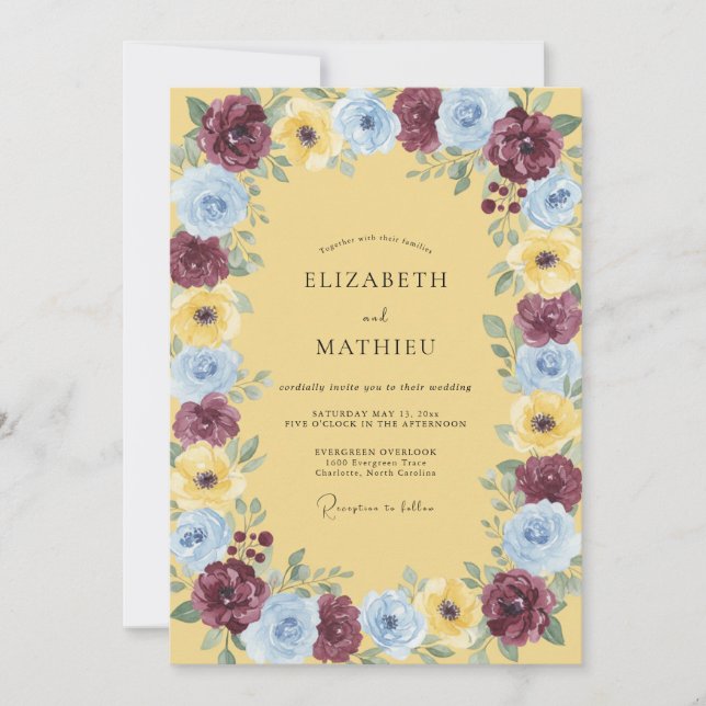 Invitation Mariage aux Pétales de Prune Jaune (Devant)