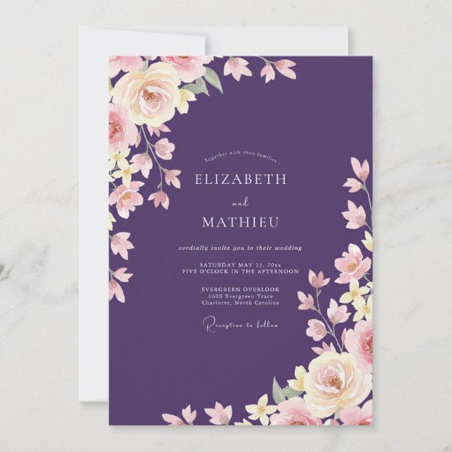 Invitation Mariage aux Pétales de Prune Pastel (Devant)