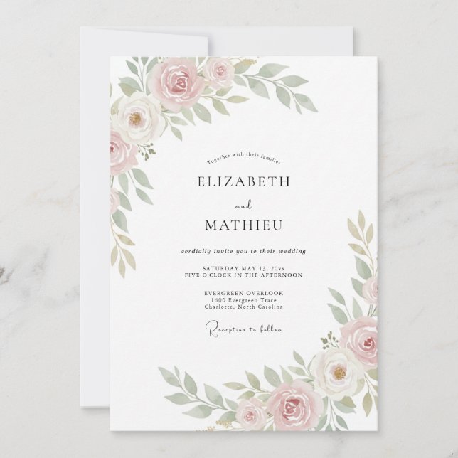 Invitation Mariage aux Pétales de Rose Pâle Feuillus (Devant)