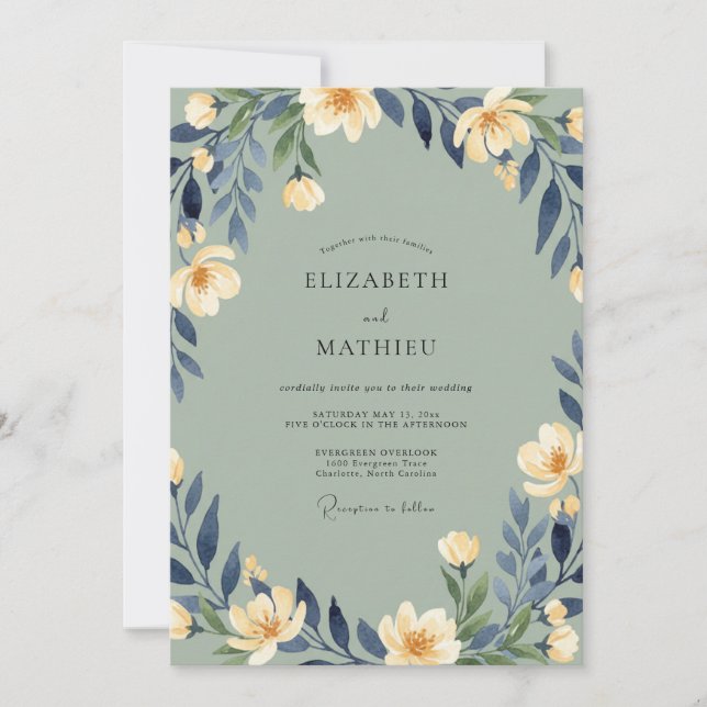 Invitation Mariage aux Pétales de Teal Poussiéreux (Devant)