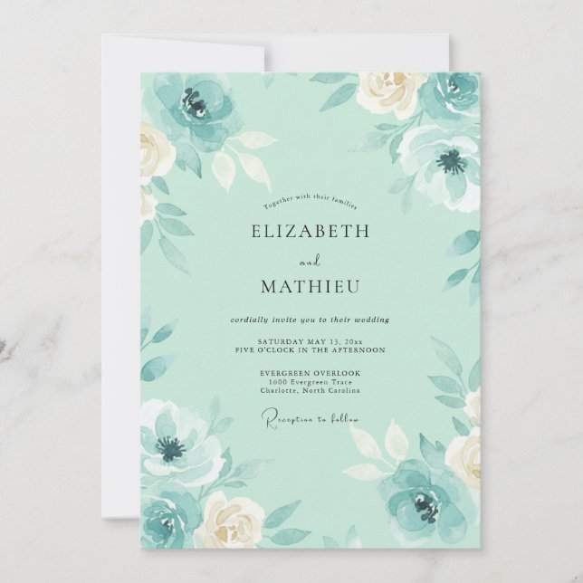 Invitation Mariage aux Pétales de Teinte Mer (Devant)