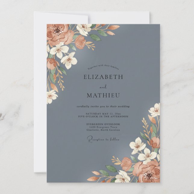 Invitation Mariage aux Pétales de Terre Cuite Ardoise (Devant)