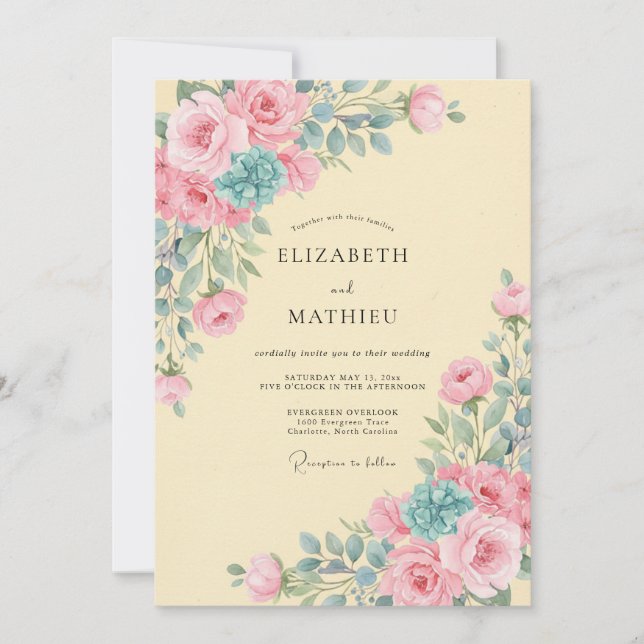 Invitation Mariage aux Pétales de Turquoise Jaune Pâle (Devant)