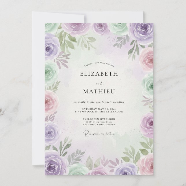 Invitation Mariage aux Pétales de Violette Lavande (Devant)