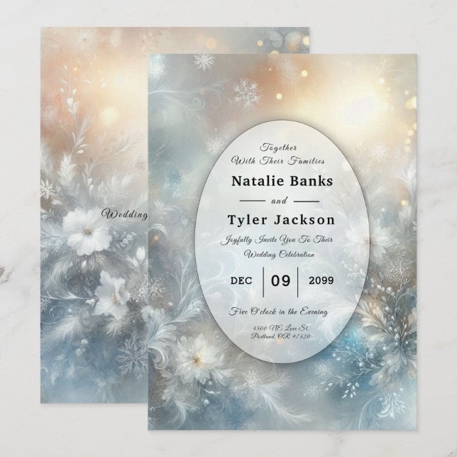 Invitation Mariage aux Pétales Gelées dans une Brume d'Hiver  (Devant / Derrière)