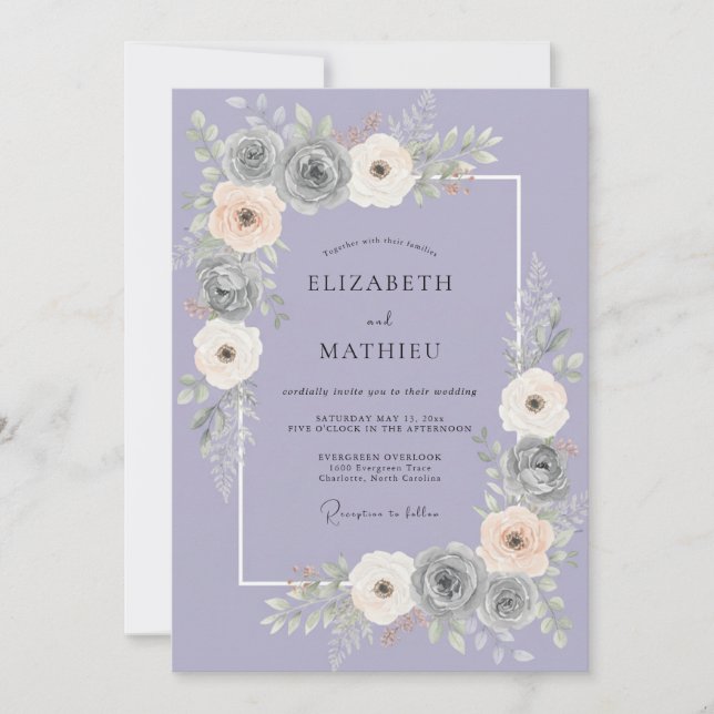 Invitation Mariage aux Pétales Gris Lilas (Devant)