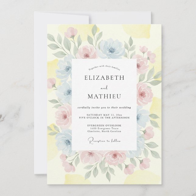 Invitation Mariage aux Pétales Jaune Pastel (Devant)