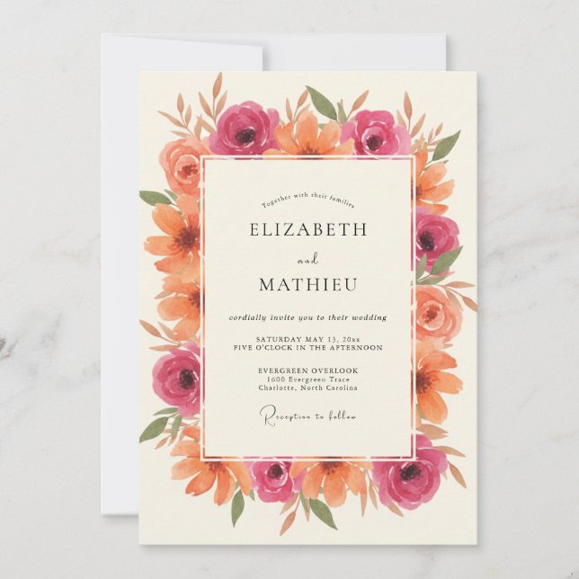 Invitation Mariage aux Pétales Magenta Orange (Devant)