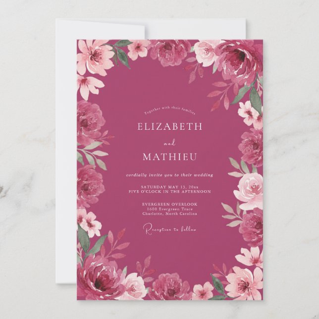 Invitation Mariage aux Pétales Magenta Profond (Devant)