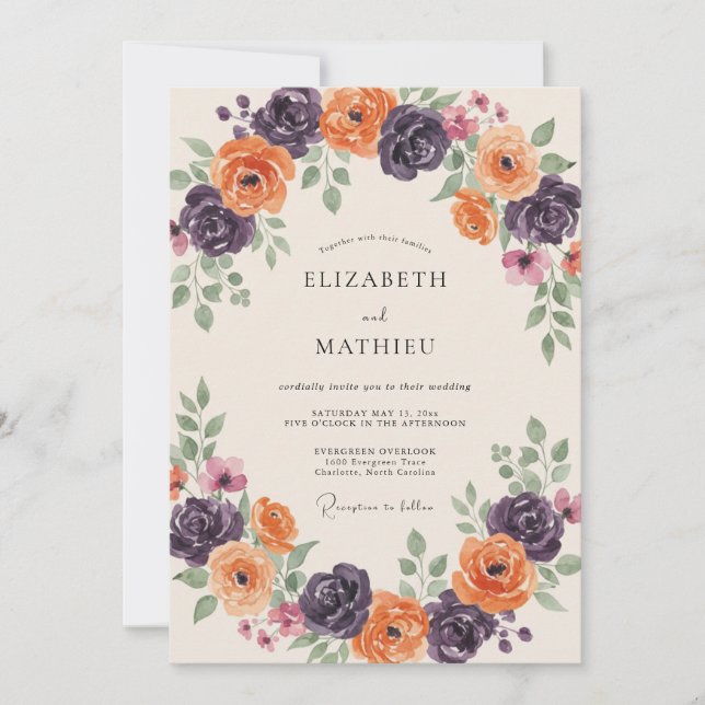 Invitation Mariage aux Pétales Orange Violet (Devant)