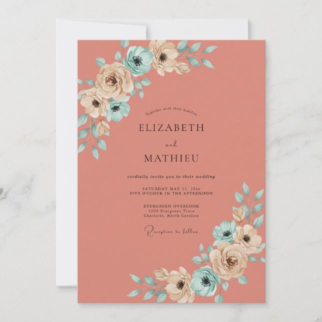 Invitation Mariage aux Pétales Peintes de Corail (Devant)
