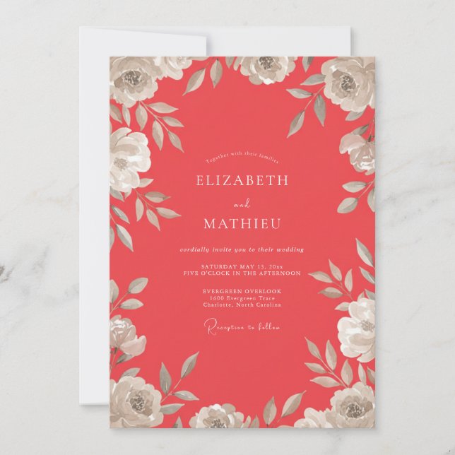 Invitation Mariage aux Pétales Peintes de Corail Atténué (Devant)