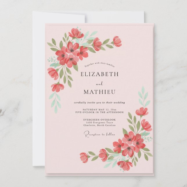 Invitation Mariage aux Pétales Peintes de Corail Rose (Devant)