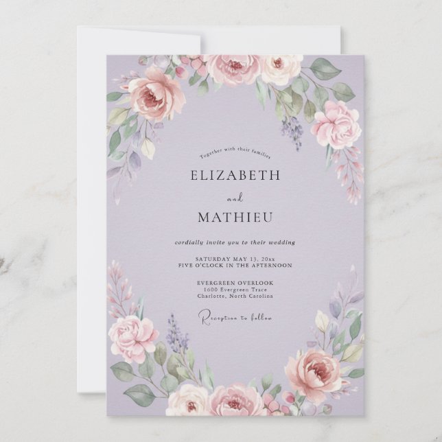 Invitation Mariage aux Pétales Peintes de Lilas (Devant)