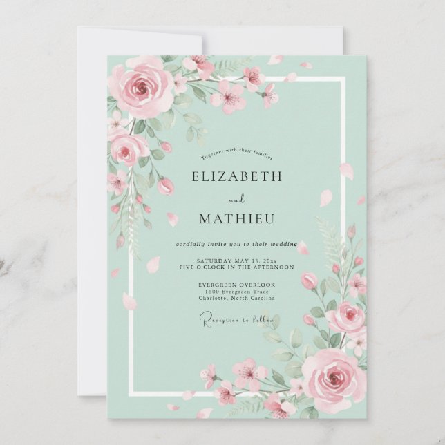 Invitation Mariage aux Pétales Peintes de Menthe (Devant)