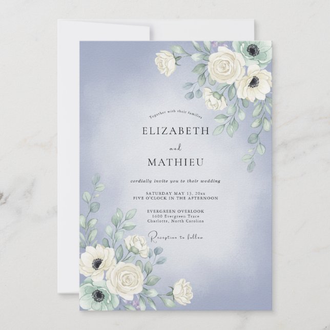 Invitation Mariage aux Pétales Peintes de Pervenche (Devant)