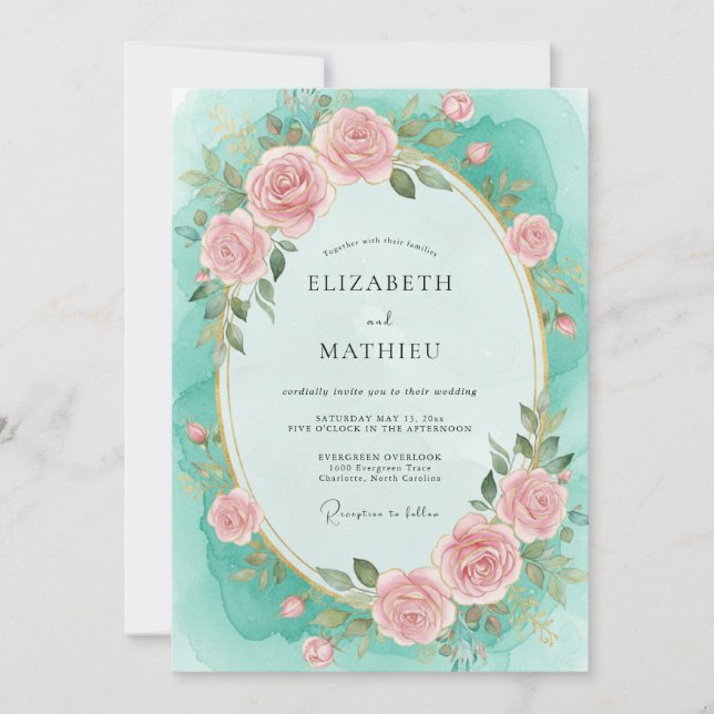 Invitation Mariage aux Pétales Peintes de Turquoise (Devant)