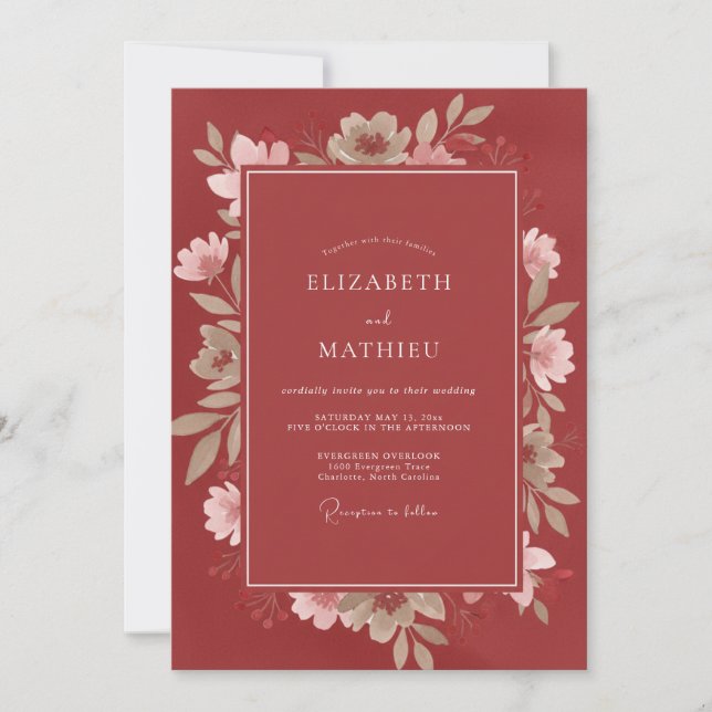 Invitation Mariage aux Pétales Peintes Orange Brûlé (Devant)