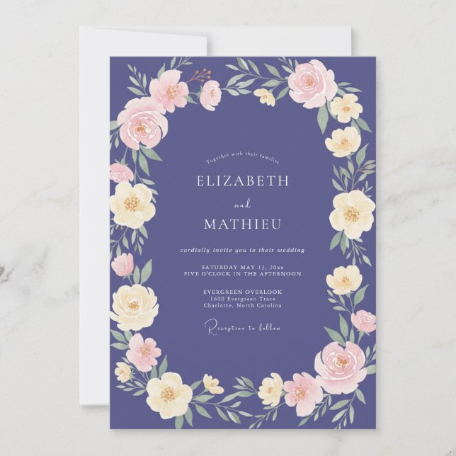 Invitation Mariage aux Pétales Rose Ardoise (Devant)