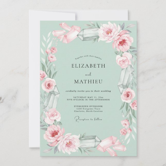Invitation Mariage aux Pétales Rose Menthe (Devant)