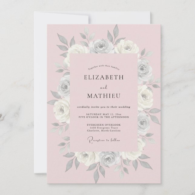 Invitation Mariage aux Pétales Rose Pâle Pastel (Devant)